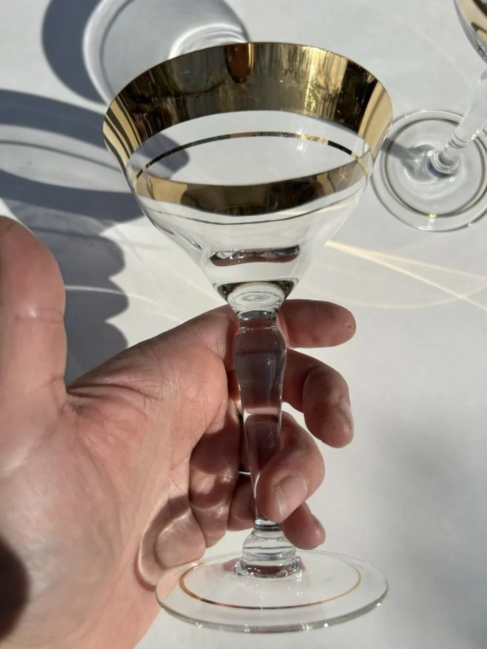 Vintage Set of Two Large Blown Glass Champagne Coupe Wide Gold Rim Glasses MCM